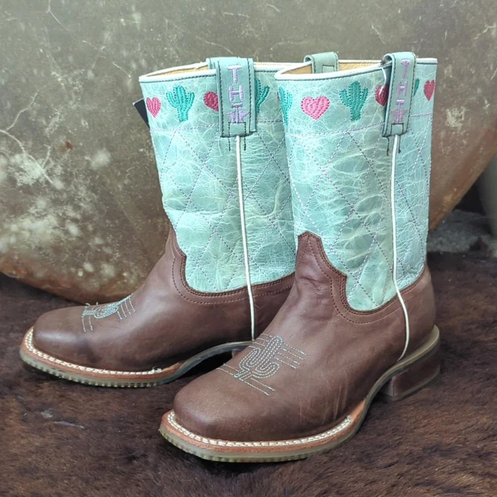 TIN HAUL I<3 Cactus🌵 cowgirl boots brown/lake green/pink sz 2 little girl NWT